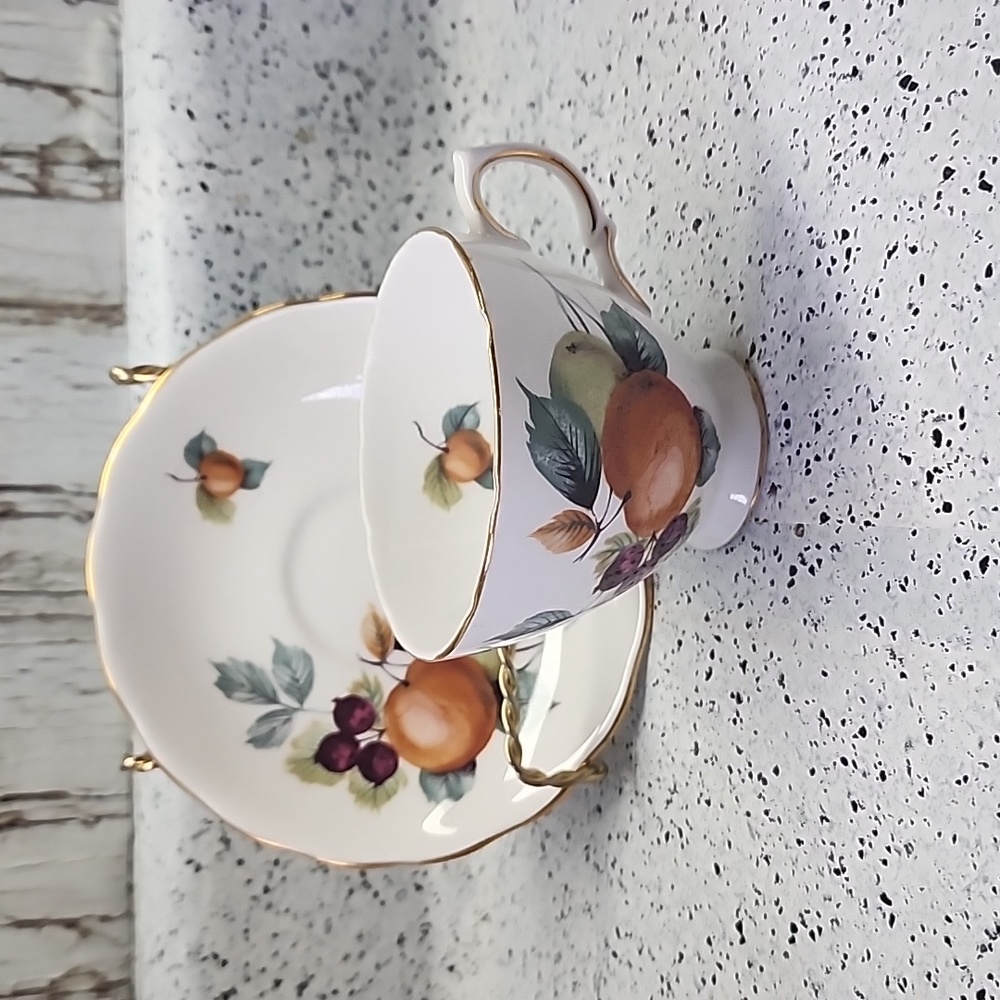 Fruit Cup and Saucer Royal Vale English Bone China 1960s Apples Berries